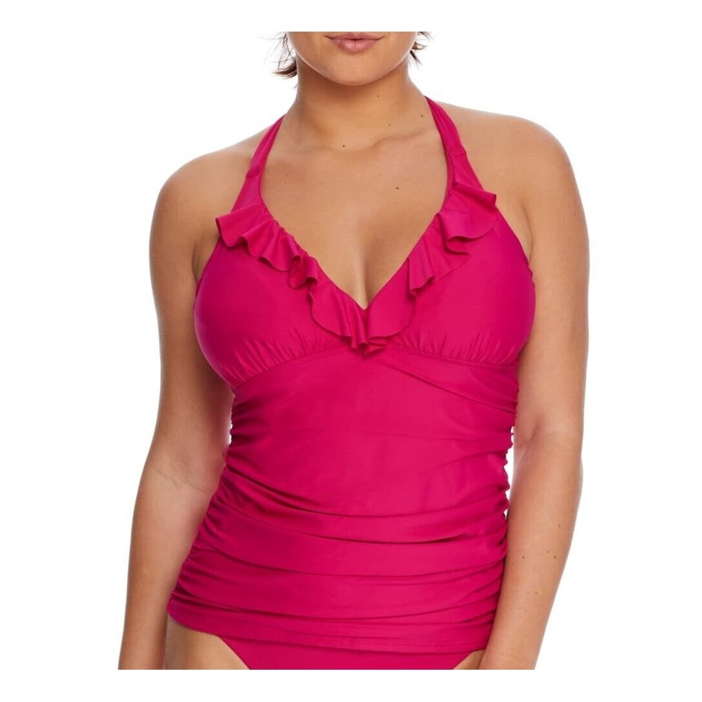 Birdsong Size 32G Hibiscus PInk Ruffle Halter Underwire Tankini Swim Top Ruched